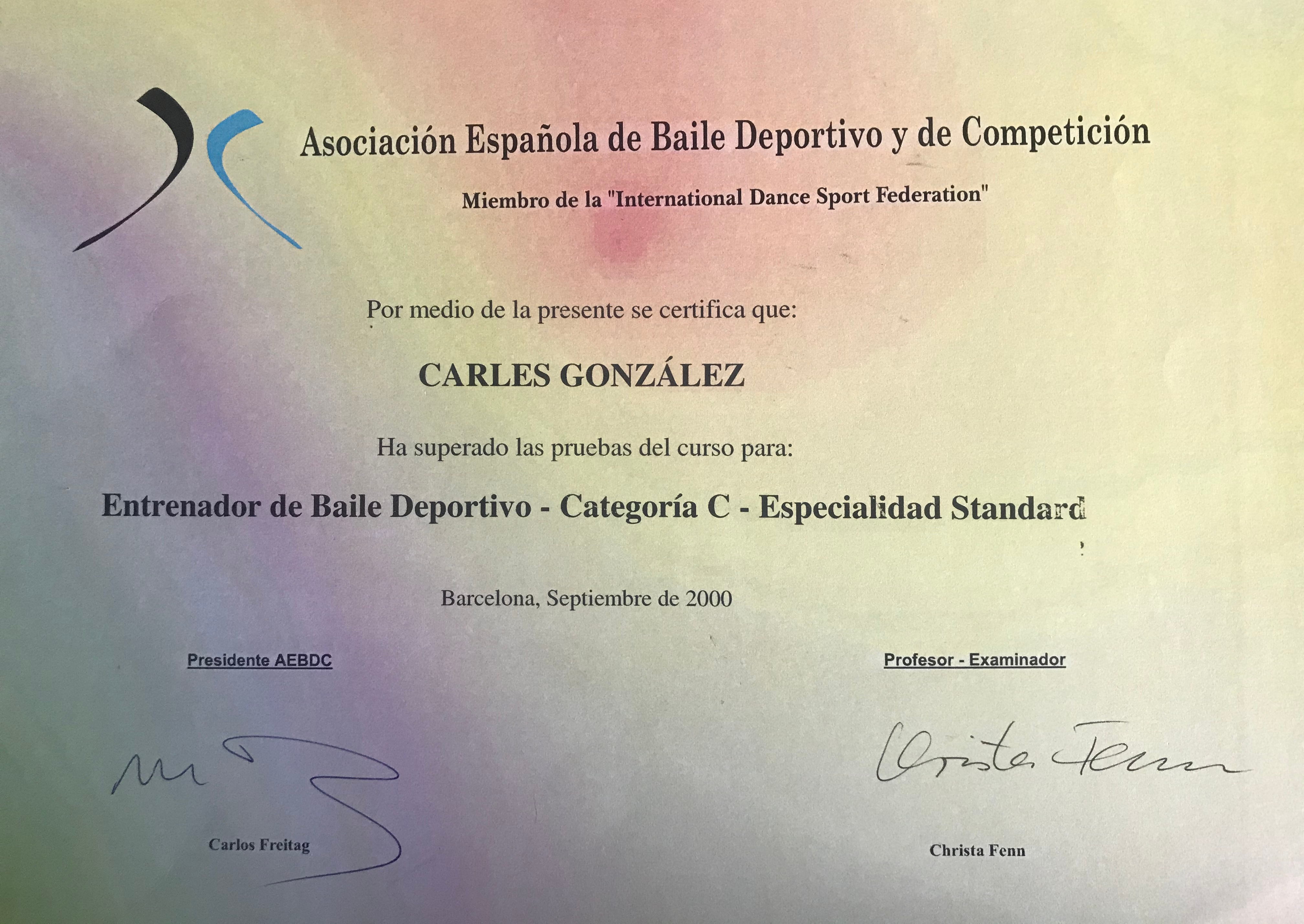 Título de Entrenador de Baile Deportivo Catgeoría "C" - Perfil personal de Carles González (Profesor, entrenador y formador de Baile)