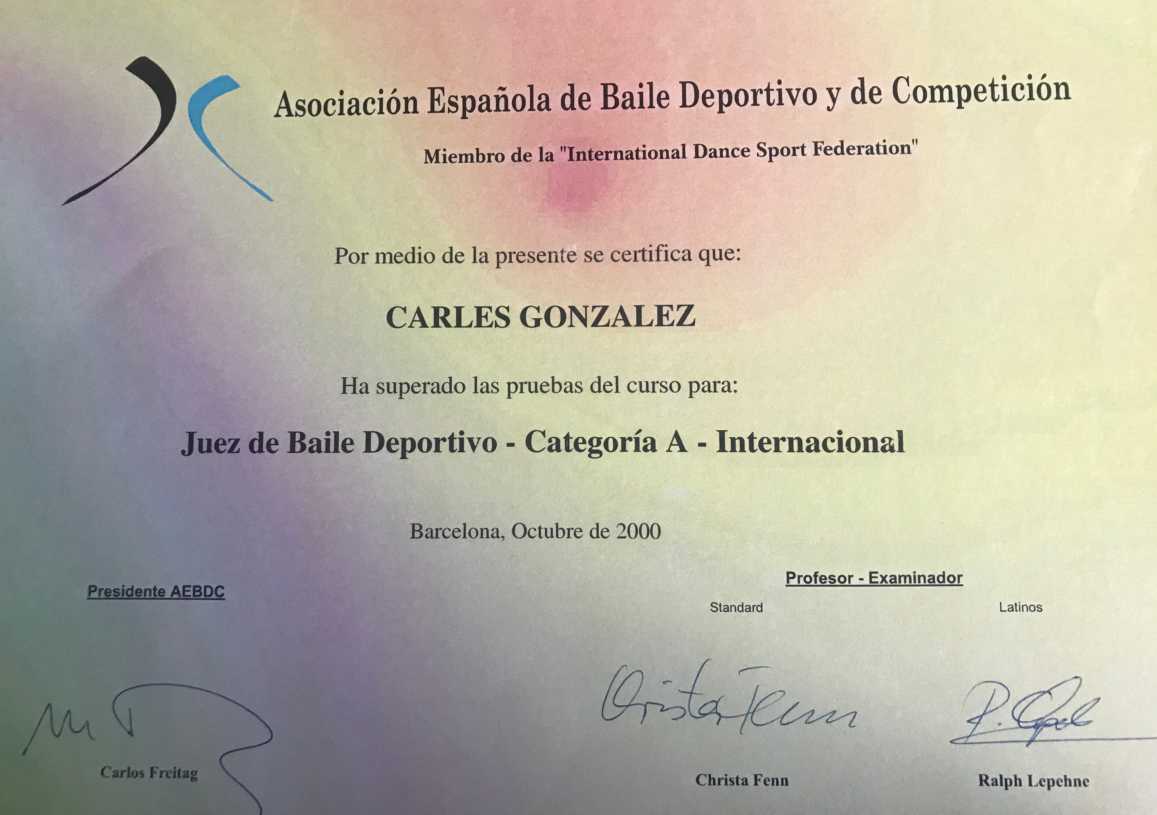 Título de Juez de Baile Deportivo - Perfil personal de Carles González (Profesor, entrenador y formador de Baile)