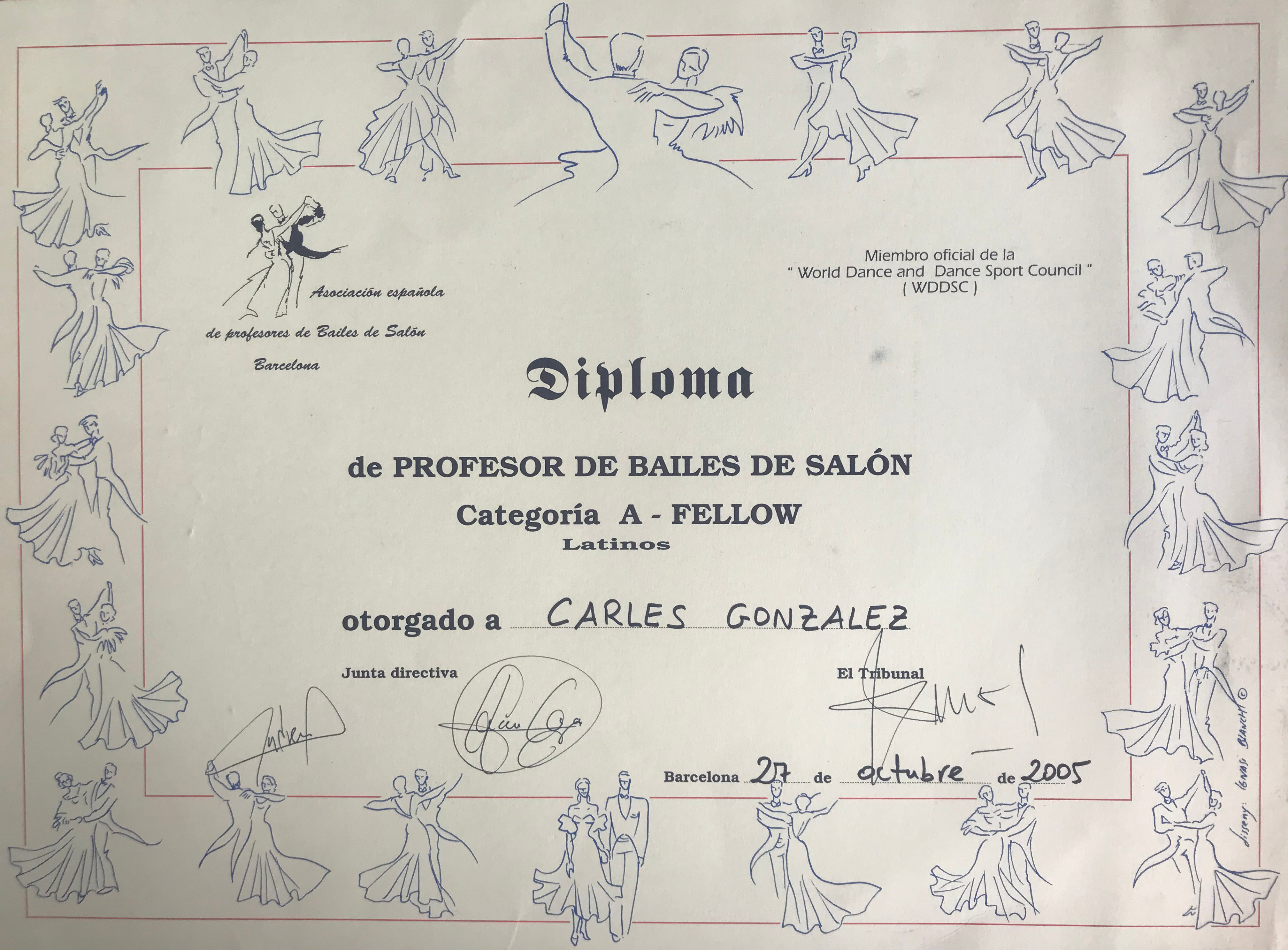 Título de Profesor de Bailes de Salón Fellow Latinos - Perfil personal de Carles González (Profesor, entrenador y formador de Baile)