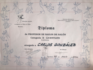 Título de Profesor de Bailes de Salón Licentiate Latinos - Perfil personal de Carles González (Profesor, entrenador y formador de Baile)