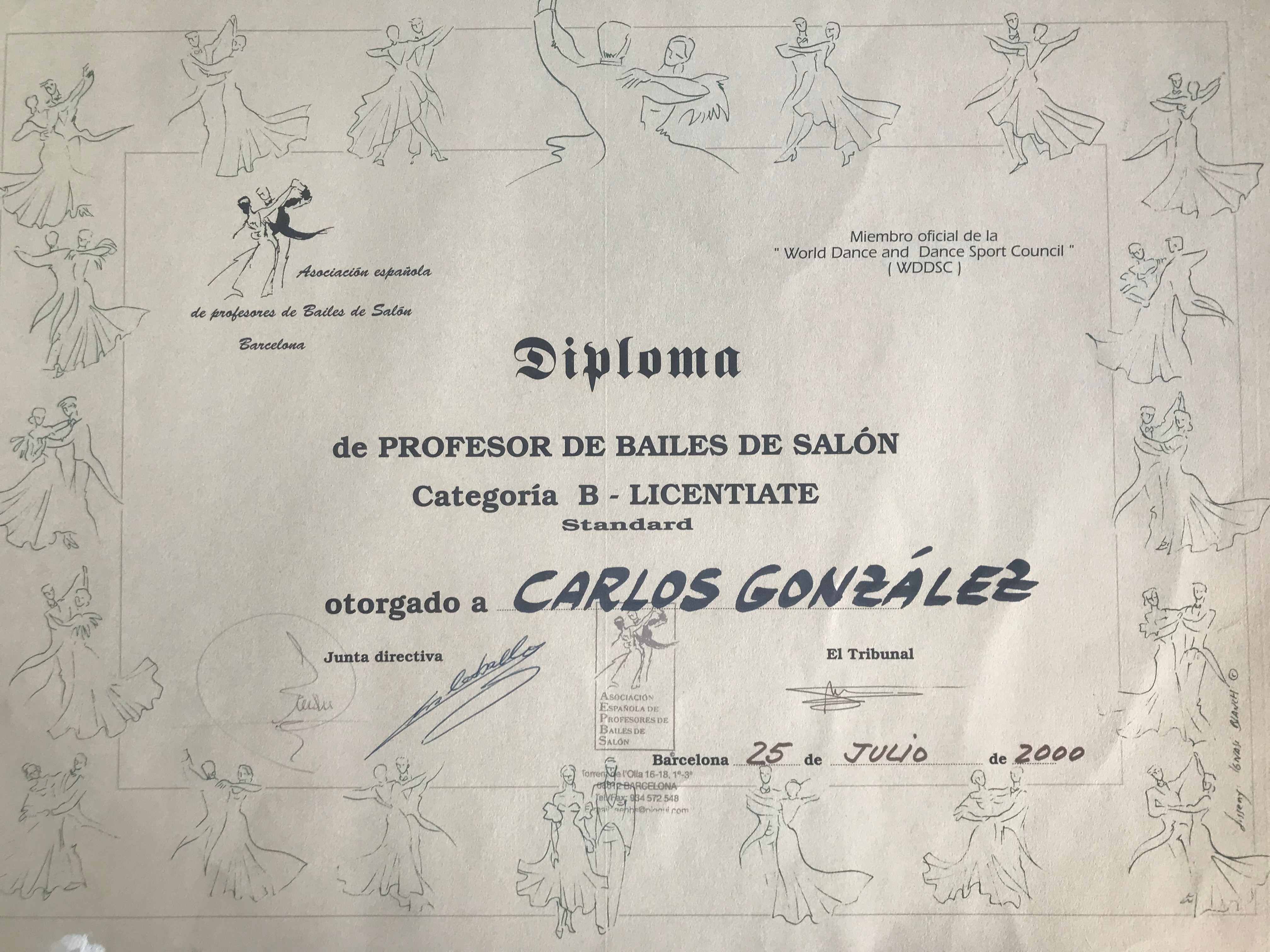 Título de Profesor de Bailes de Salón Licentiate Standard - Perfil personal de Carles González (Profesor, entrenador y formador de Baile)